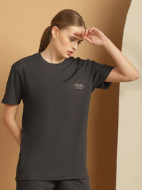 Vimal Jonney Solid Grey Round Neck Polyester Lycra Half sleeves Tshirt For Women