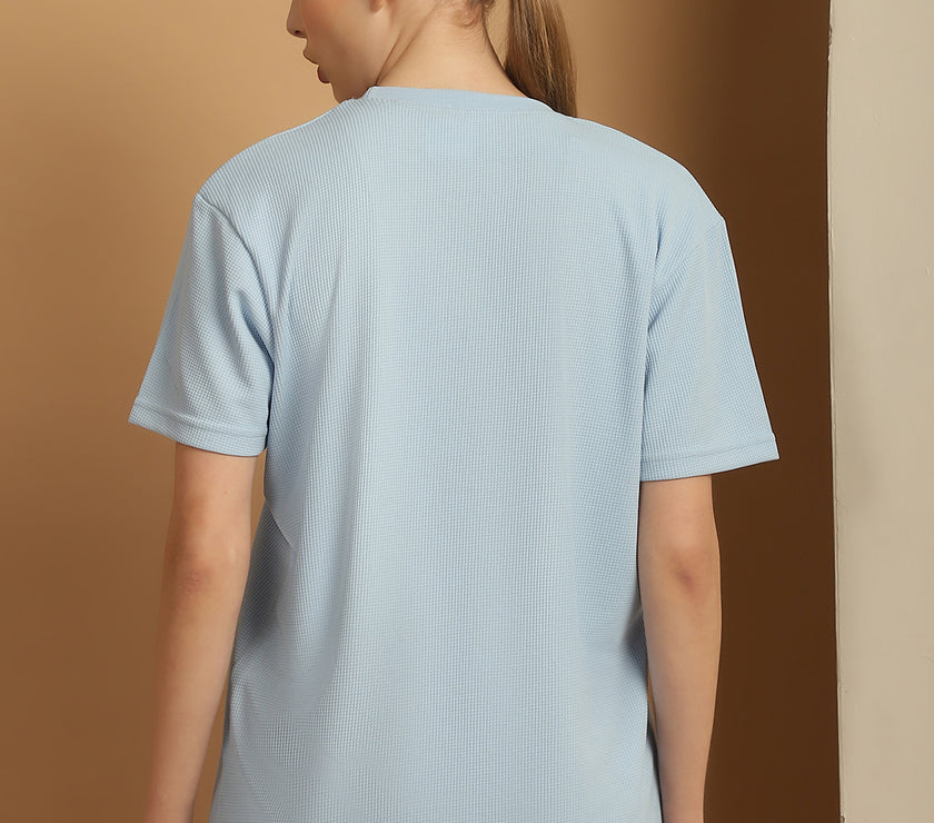 Vimal Jonney Solid Blue Round Neck Polyester Lycra Half sleeves Tshirt For Women