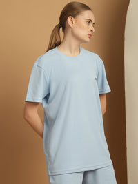 Vimal Jonney Solid Blue Round Neck Polyester Lycra Half sleeves Tshirt For Women