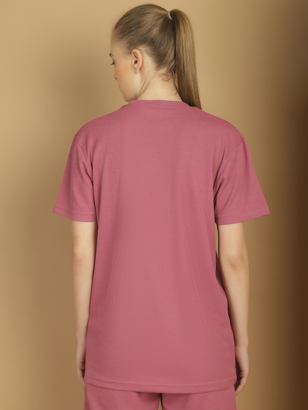 Vimal Jonney Solid Pink Round Neck Polyester Lycra Half sleeves Tshirt For Women