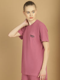 Vimal Jonney Solid Pink Round Neck Polyester Lycra Half sleeves Tshirt For Women