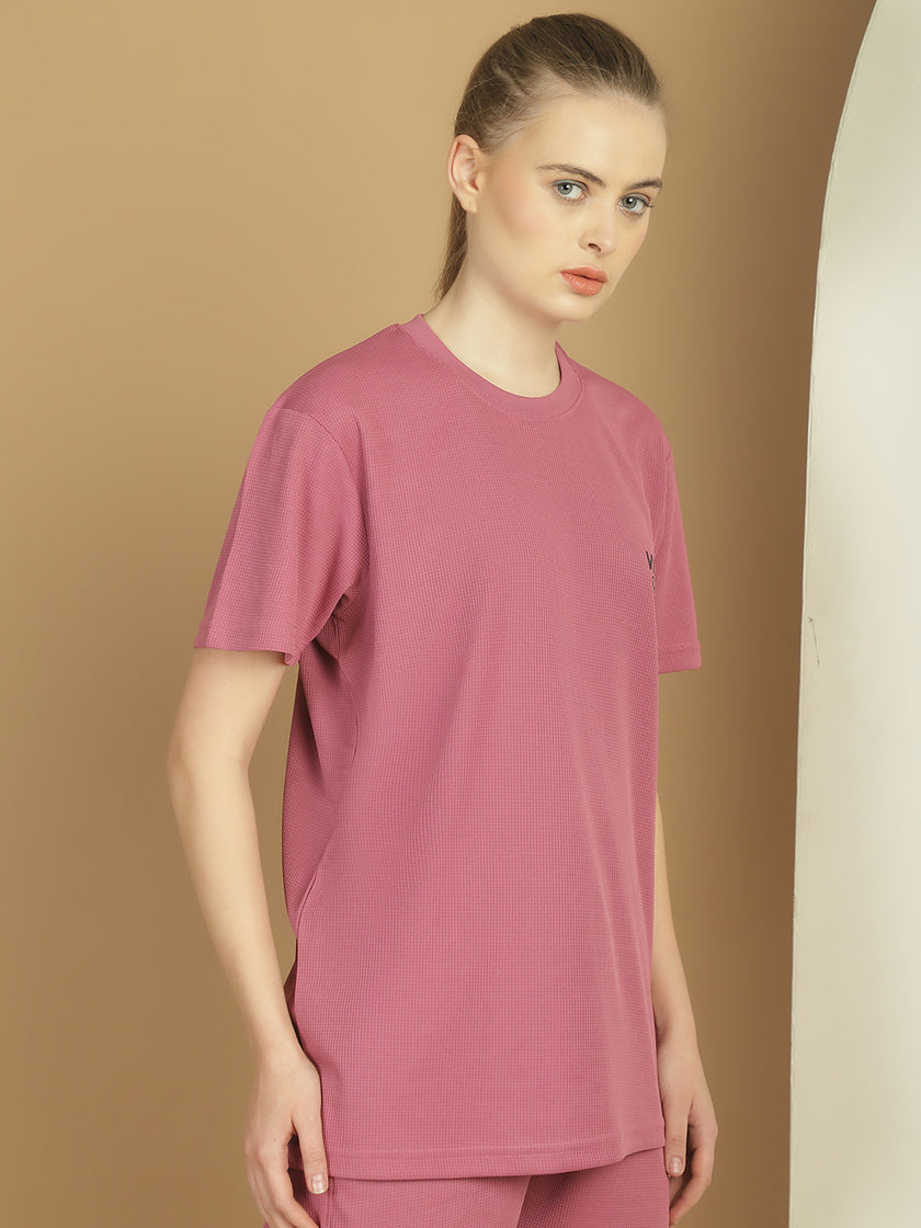 Vimal Jonney Solid Pink Round Neck Polyester Lycra Half sleeves Tshirt For Women