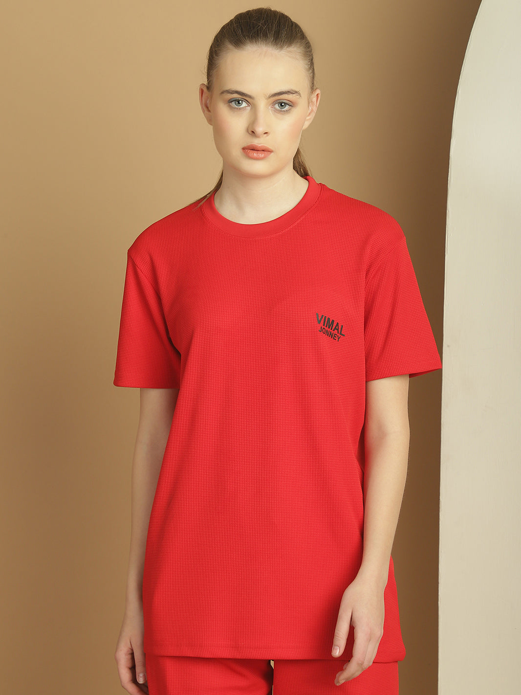 Vimal Jonney Solid Red Round Neck Polyester Lycra Half sleeves Tshirt For Women