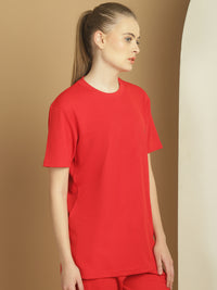 Vimal Jonney Solid Red Round Neck Polyester Lycra Half sleeves Tshirt For Women