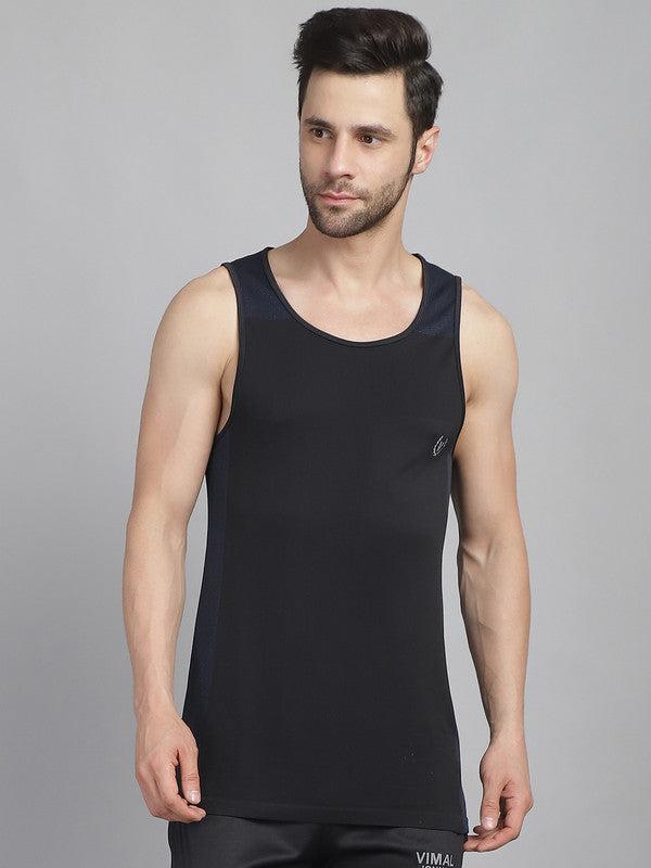 Vimal Jonney Solid Black Round Neck Polyester Lycra Half sleeveless Gym Vest For Men