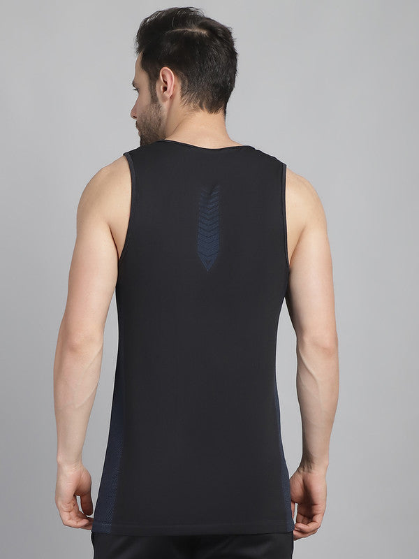 Vimal Jonney Solid Black Round Neck Polyester Lycra Half sleeveless Gym Vest For Men