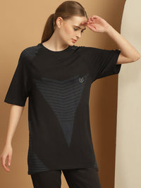 Vimal Jonney Solid Black Round Neck Polyester Lycra Half sleeves Tshirt For Women