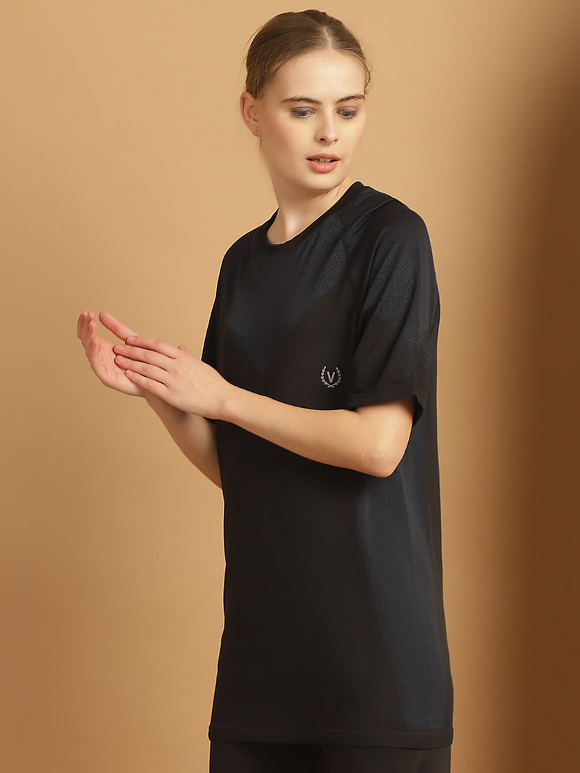 Vimal Jonney Solid Black Round Neck Polyester Lycra Half sleeves Tshirt For Women