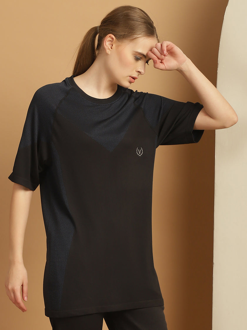 Vimal Jonney Solid Black Round Neck Polyester Lycra Half sleeves Tshirt For Women