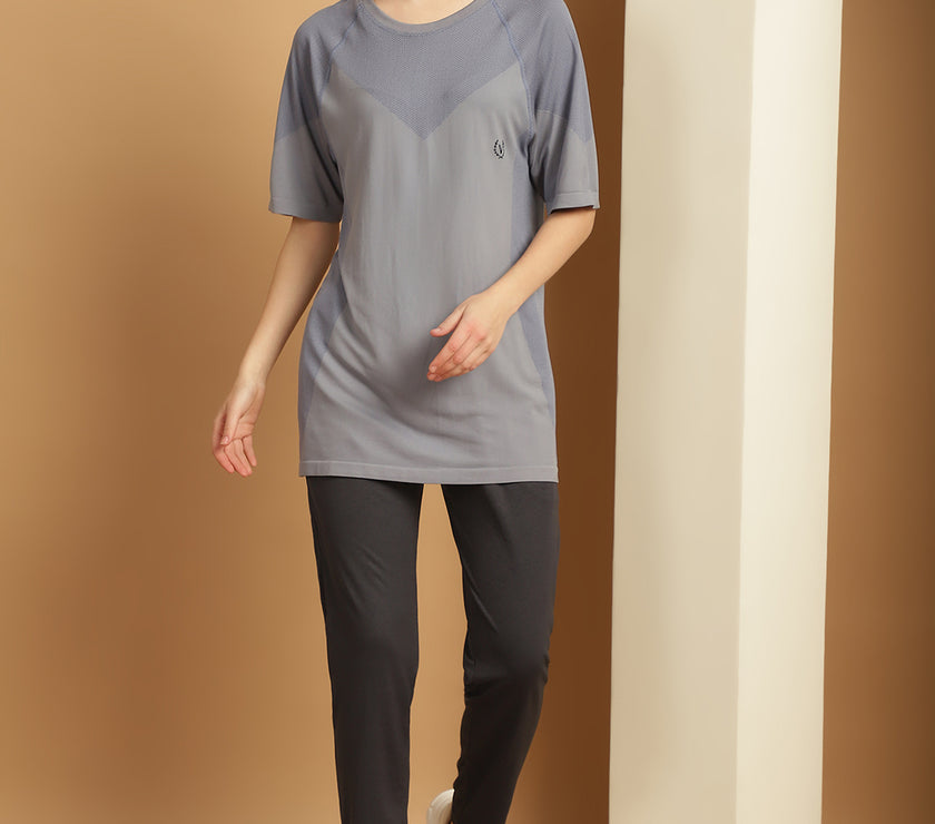 Vimal Jonney Solid  Grey  Polyester Lycra Half sleeves Co-ord Set Trackuit For Women