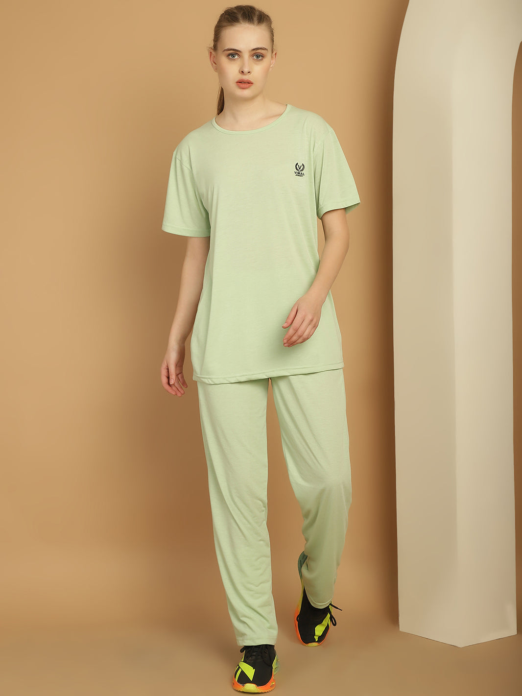 Vimal Jonney Light Green Cotton Solid Co-ord Set Tracksuit For Women