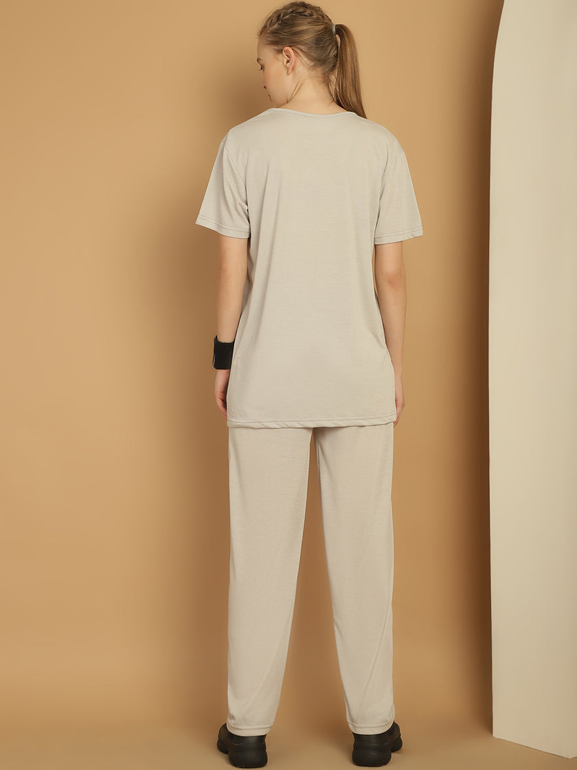 Vimal Jonney Light Grey Cotton Solid Co-ord Set Tracksuit For Women