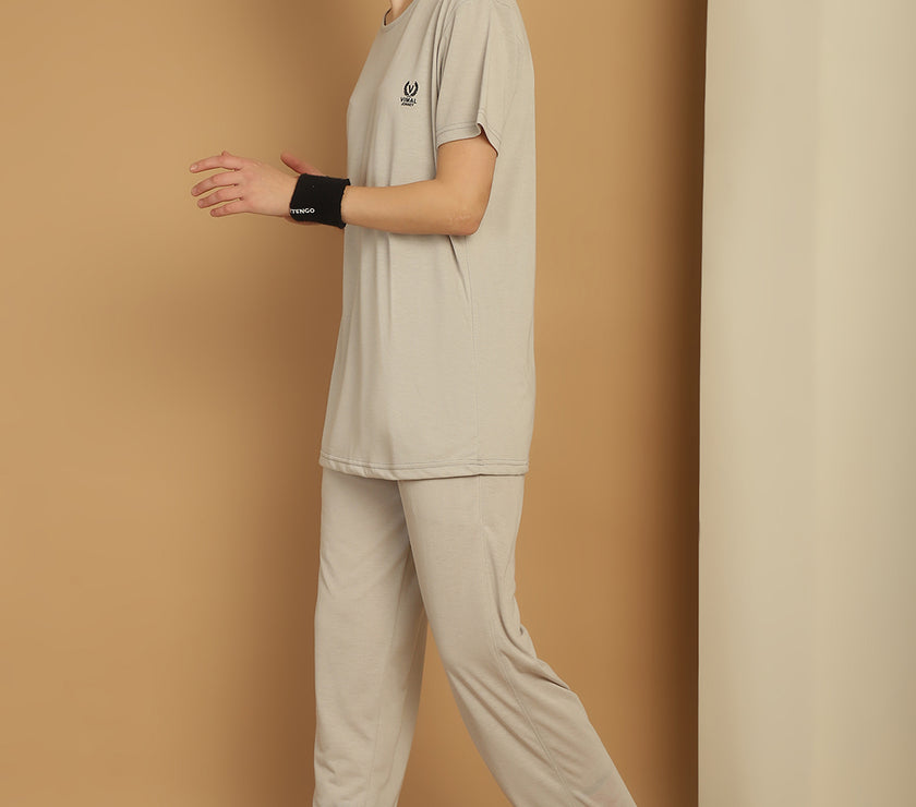 Vimal Jonney Light Grey Cotton Solid Co-ord Set Tracksuit For Women