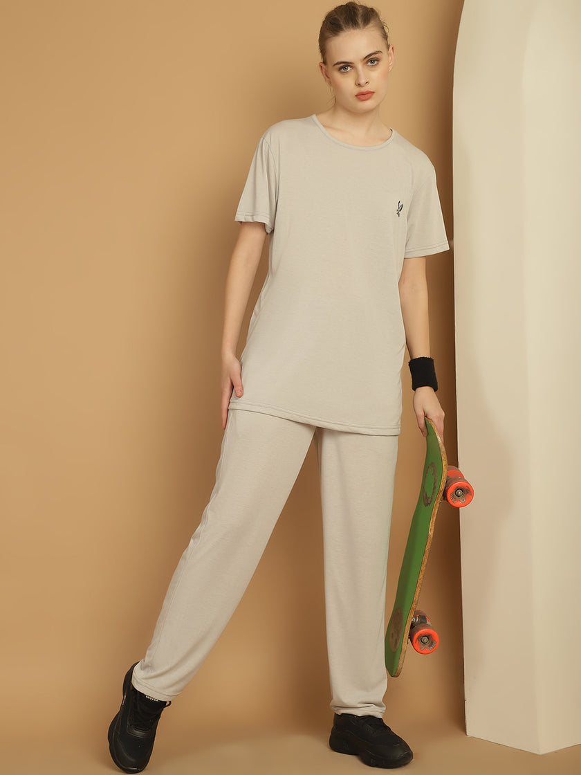 Vimal Jonney Light Grey Cotton Solid Co-ord Set Tracksuit For Women