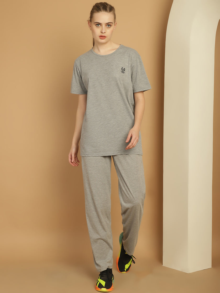 Vimal Jonney Grey Melange Cotton Solid Co-ord Set Tracksuit For Women