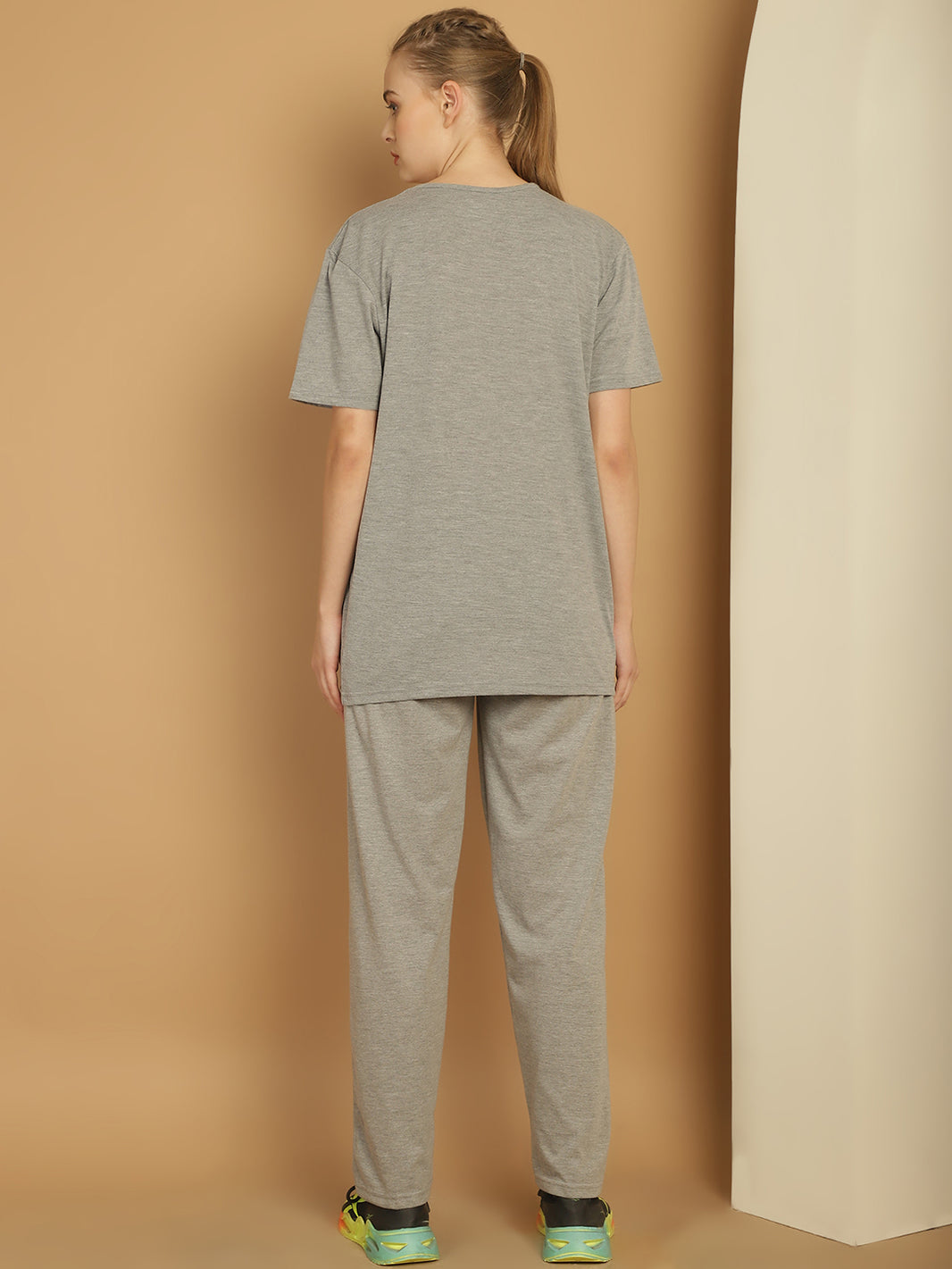 Vimal Jonney Grey Melange Cotton Solid Co-ord Set Tracksuit For Women