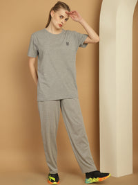 Vimal Jonney Grey Melange Cotton Solid Co-ord Set Tracksuit For Women