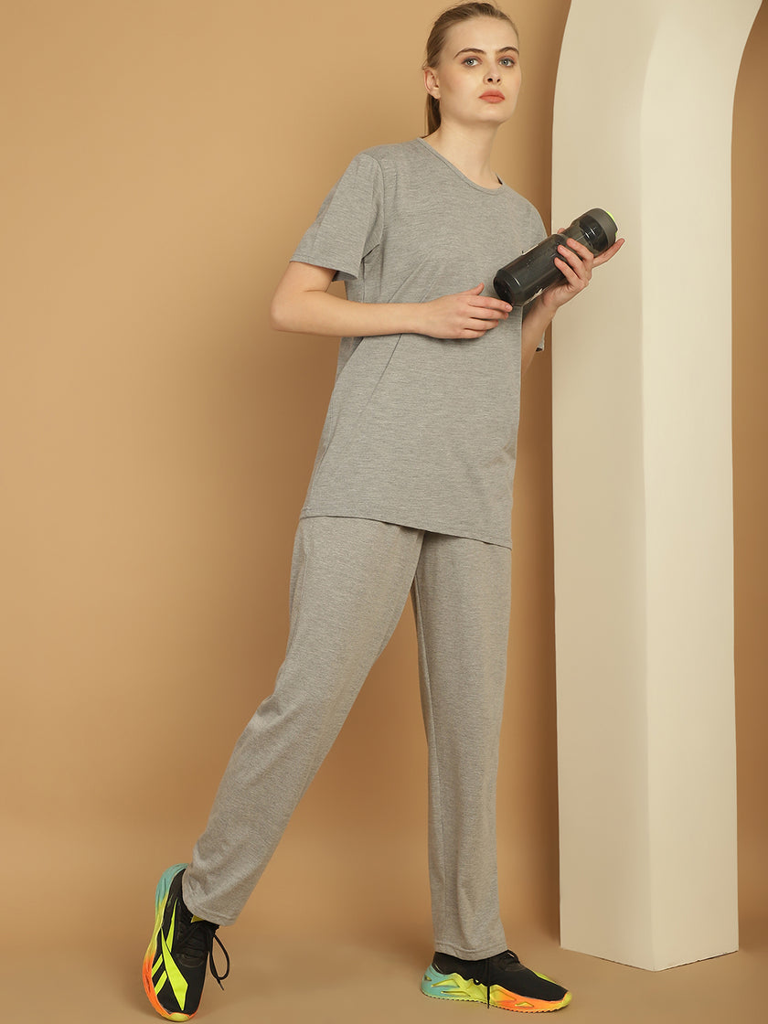 Vimal Jonney Grey Melange Cotton Solid Co-ord Set Tracksuit For Women