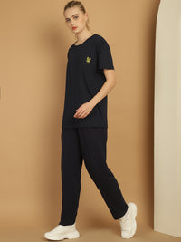 Vimal Jonney Navy Blue Cotton Solid Co-ord Set Tracksuit For Women