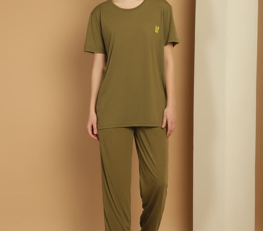 Vimal Jonney Olive Cotton Solid Co-ord Set Tracksuit For Women