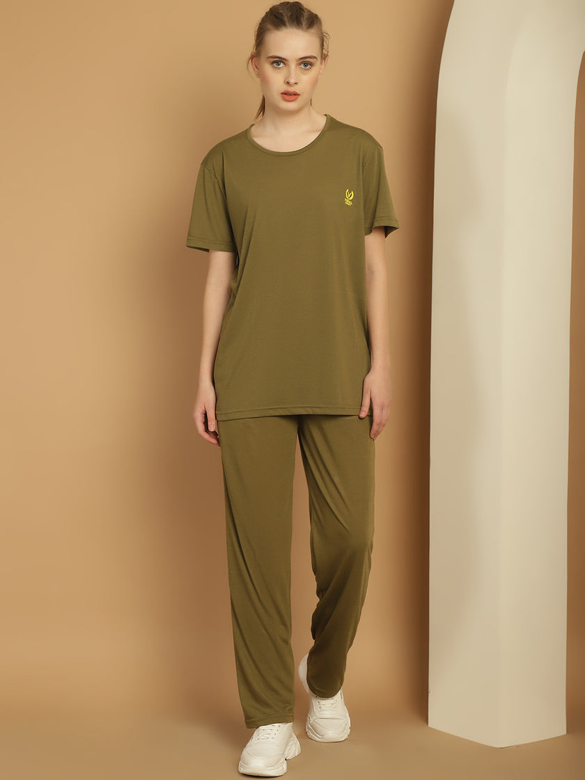 Vimal Jonney Olive Cotton Solid Co-ord Set Tracksuit For Women