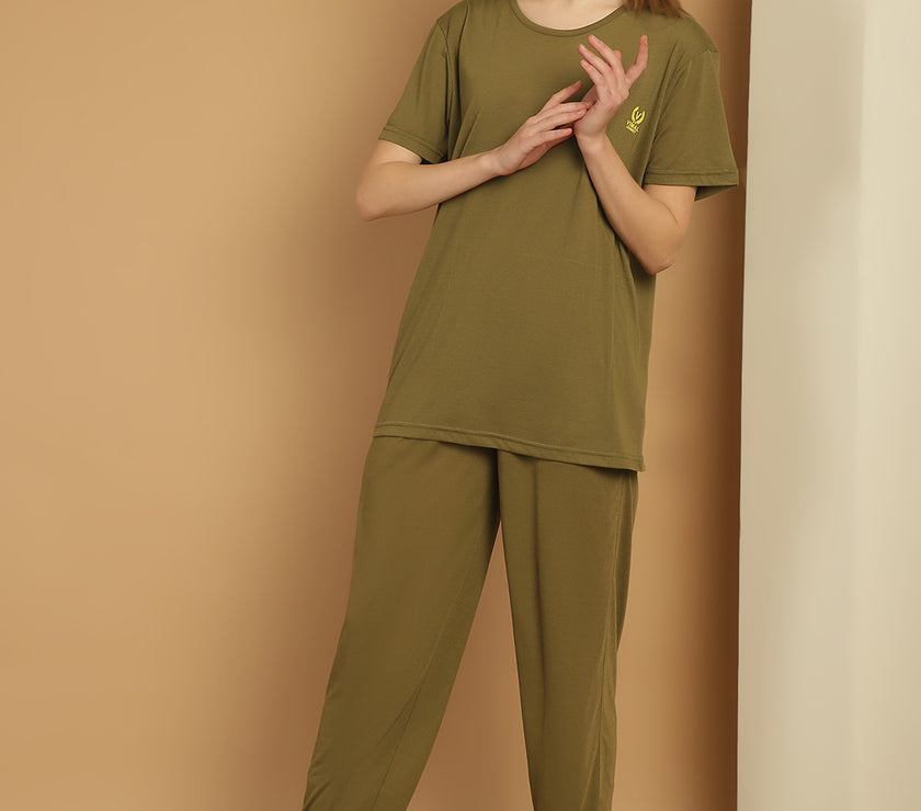 Vimal Jonney Olive Cotton Solid Co-ord Set Tracksuit For Women