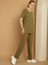 Vimal Jonney Olive Cotton Solid Co-ord Set Tracksuit For Women