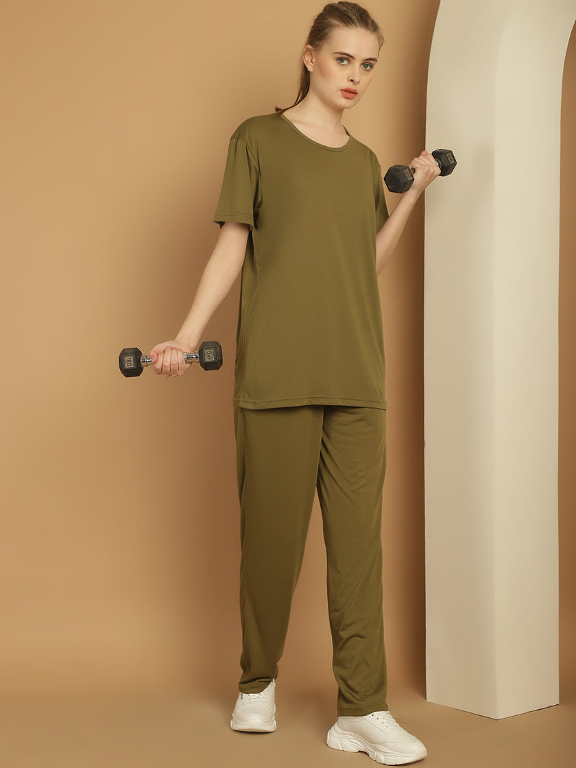 Vimal Jonney Olive Cotton Solid Co-ord Set Tracksuit For Women