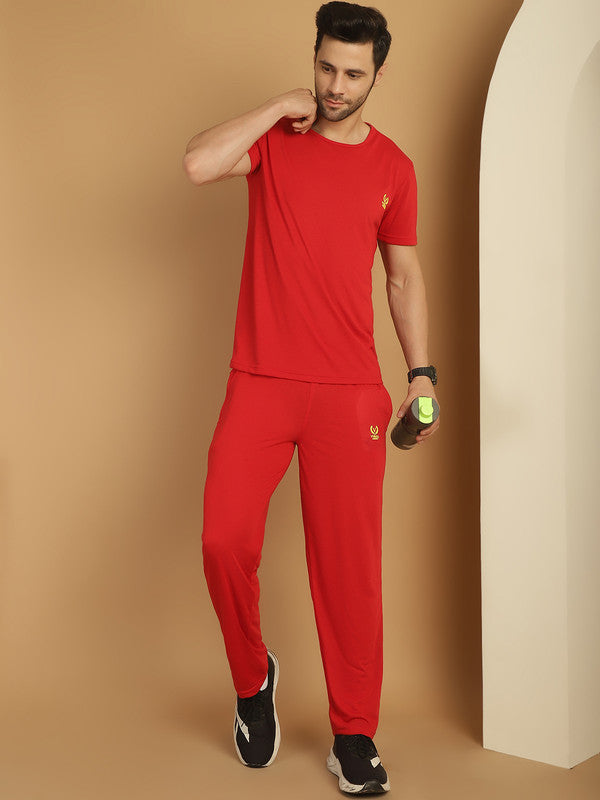 Vimal Jonney Red Cotton Solid Co-ord Set Tracksuit For Men(Zip On 1 Side Pocket)