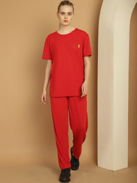 Vimal Jonney Red Cotton Solid Co-ord Set Tracksuit For Women