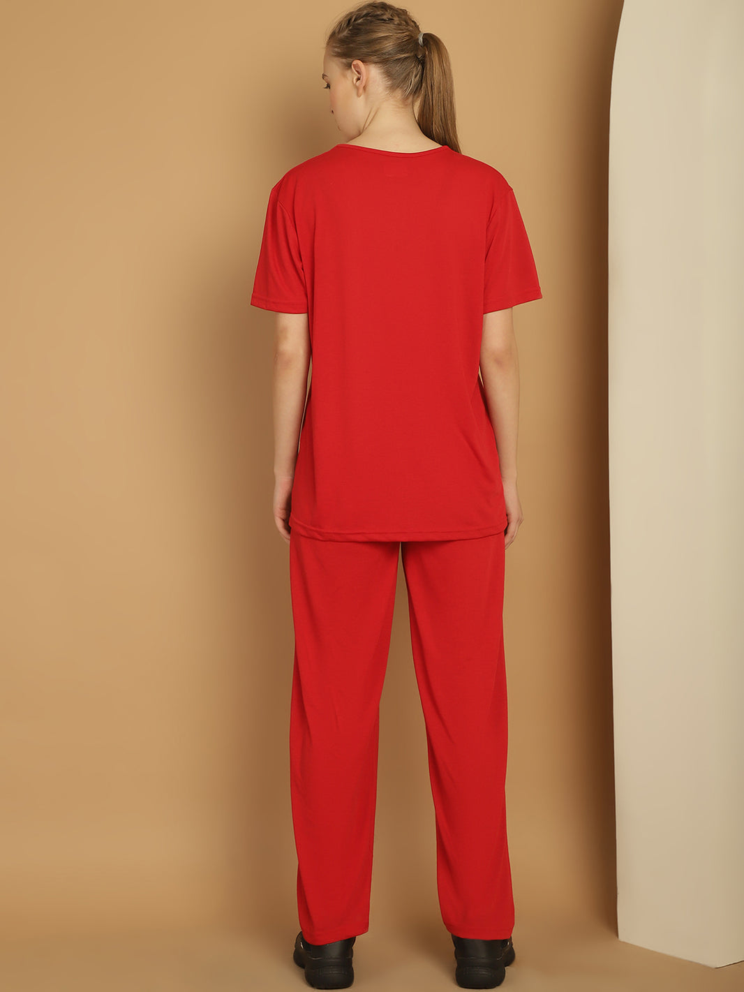 Vimal Jonney Red Cotton Solid Co-ord Set Tracksuit For Women