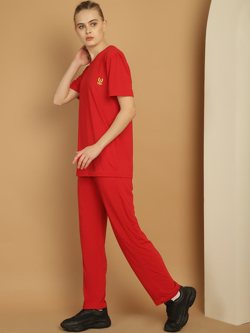 Vimal Jonney Red Cotton Solid Co-ord Set Tracksuit For Women