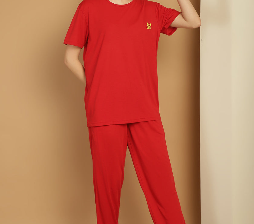 Vimal Jonney Red Cotton Solid Co-ord Set Tracksuit For Women