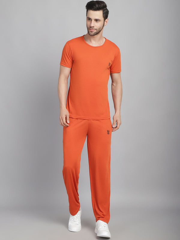 Vimal Jonney Rust Cotton Solid Co-ord Set Tracksuit For Men(Zip On 1 Side Pocket)