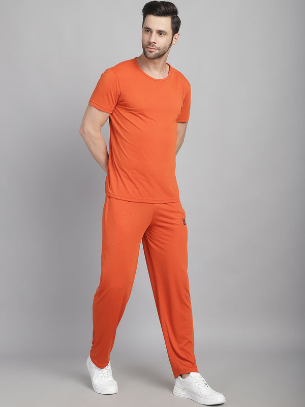 Vimal Jonney Rust Cotton Solid Co-ord Set Tracksuit For Men(Zip On 1 Side Pocket)