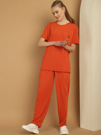 Vimal Jonney Rust Cotton Solid Co-ord Set Tracksuit For Women