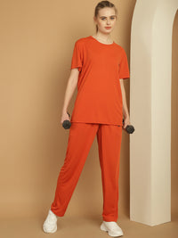 Vimal Jonney Rust Cotton Solid Co-ord Set Tracksuit For Women