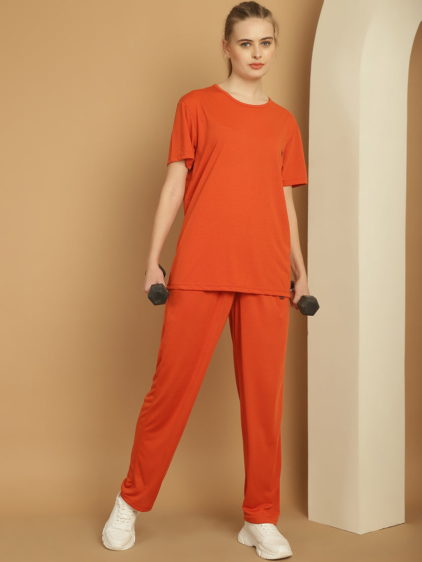 Vimal Jonney Rust Cotton Solid Co-ord Set Tracksuit For Women