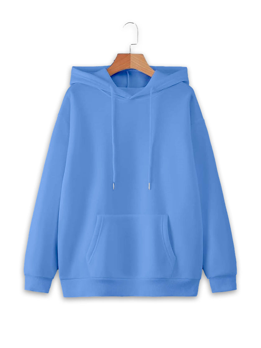 Vimal Jonney Sky Blue Solid Hooded Cotton Fleece Sweatshirt for Women