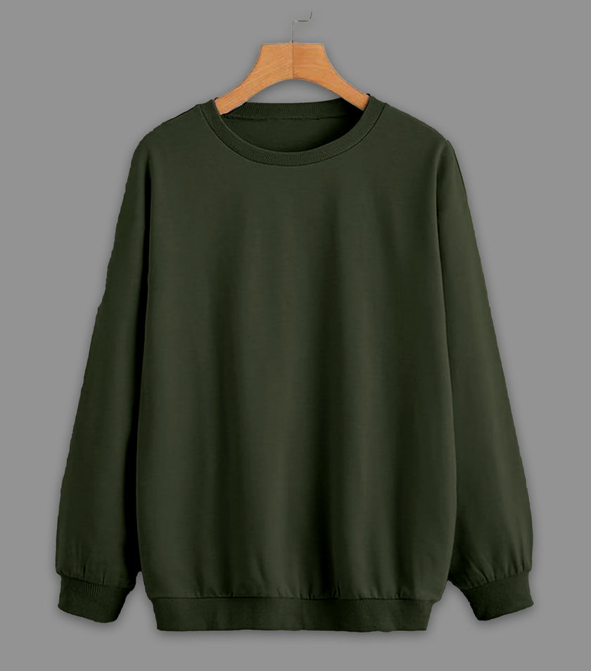 Vimal Jonney Olive Solid Round Neck Cotton Fleece Sweatshirt for Men