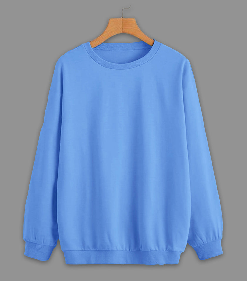 Vimal Jonney Sky Blue Solid Round Neck Cotton Fleece Sweatshirt for Women