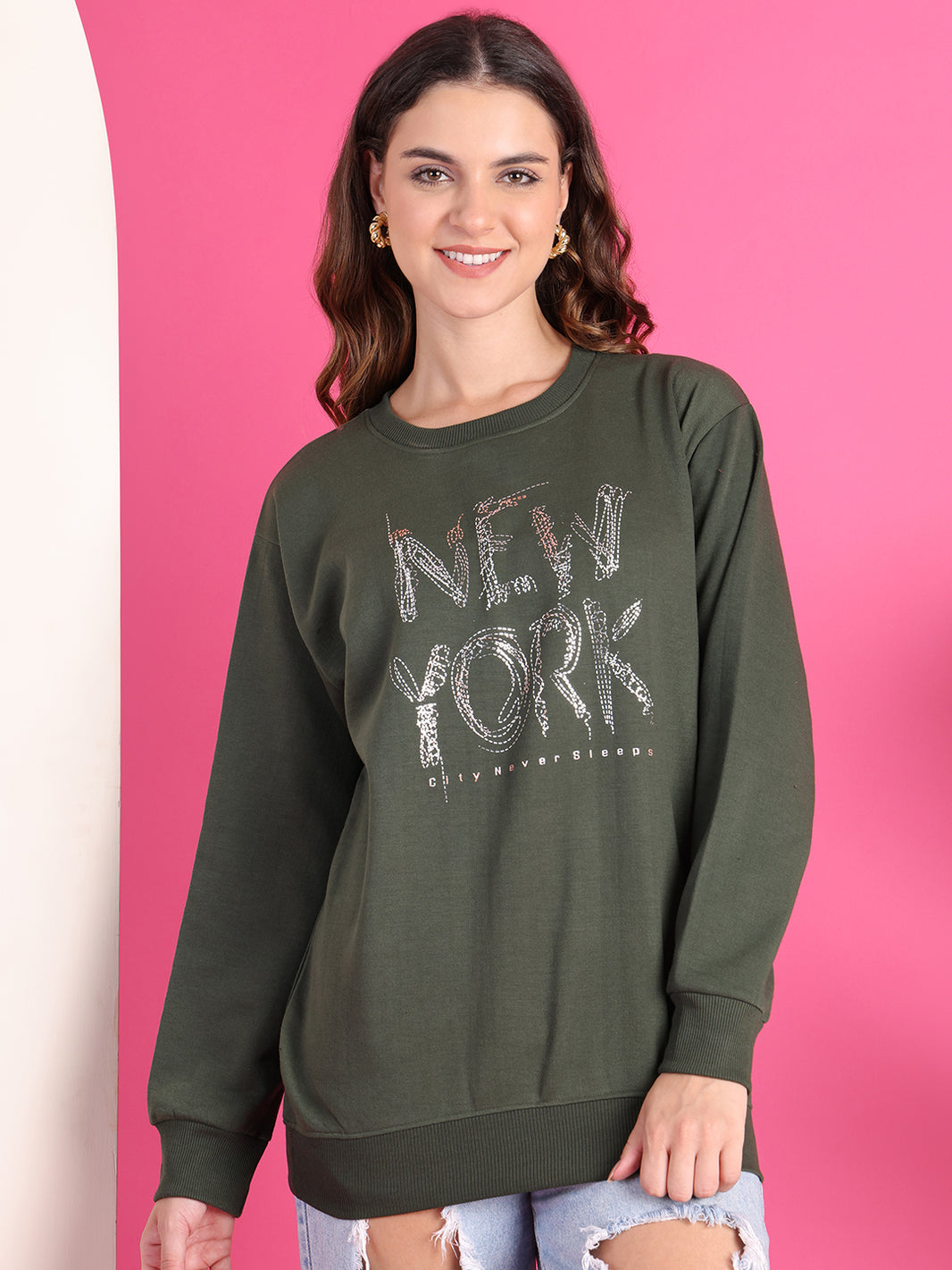 VimaL Jonney Regular Fit Green Printed Sweatshirt For Women