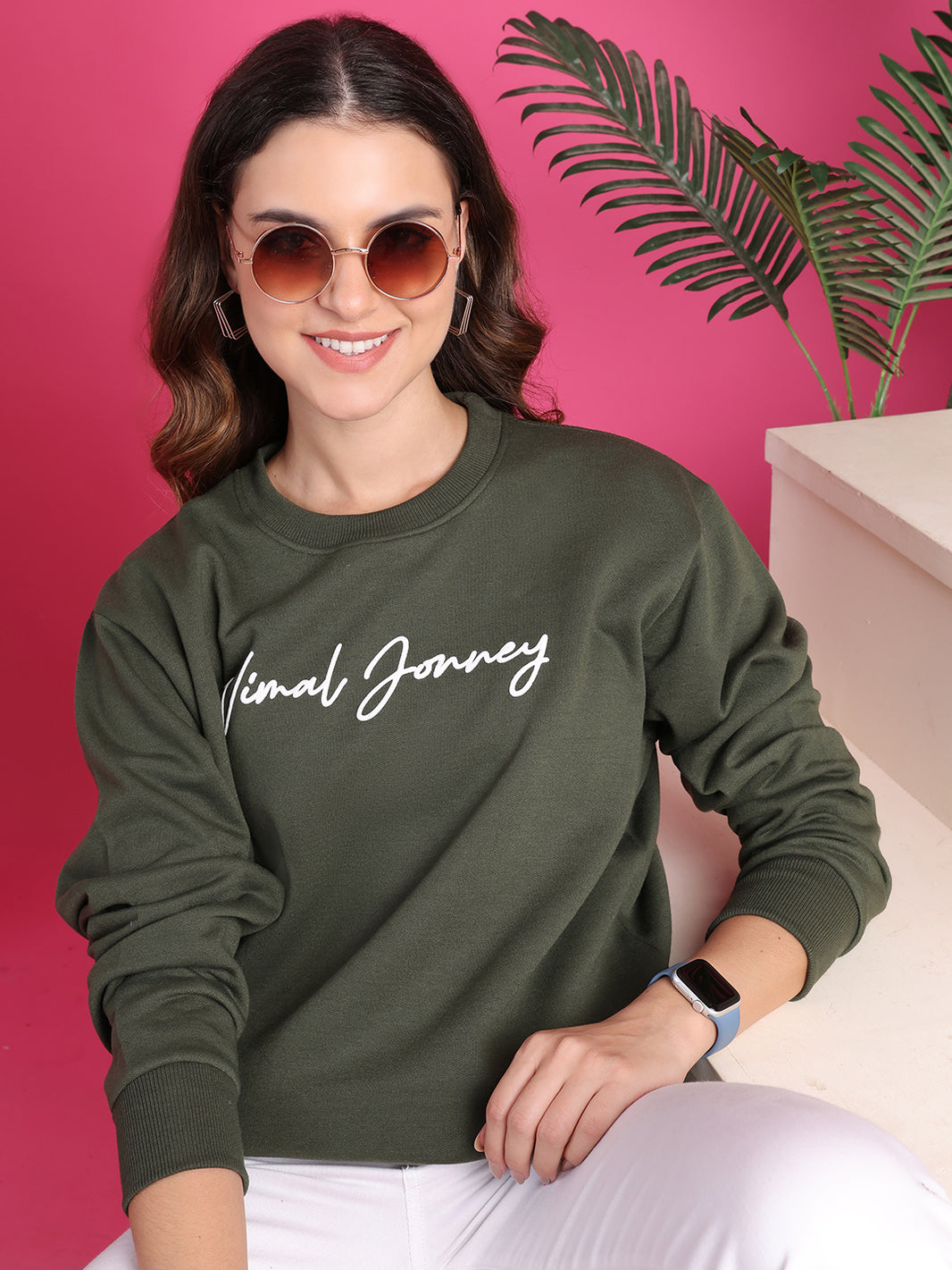 VimaL Jonney Regular Fit Green Printed Sweatshirt For Women