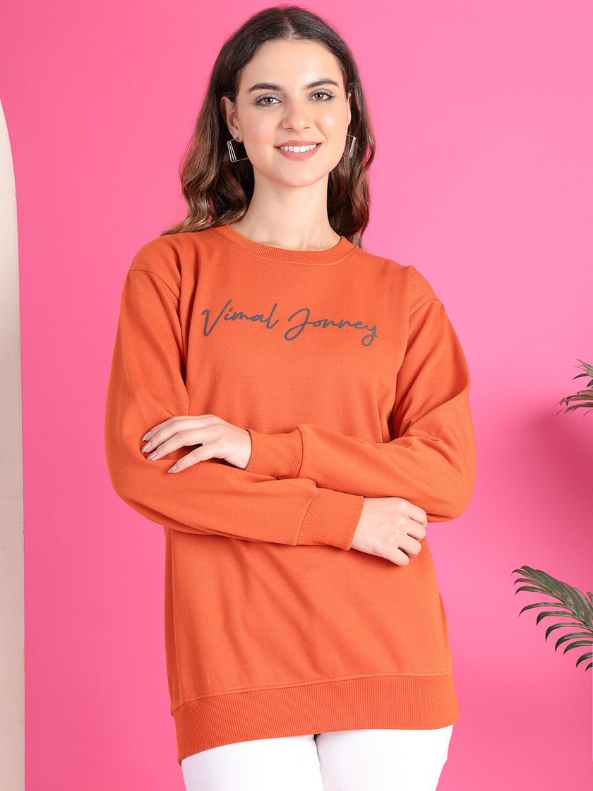 VimaL Jonney Regular Fit Orange Printed Sweatshirt For Women