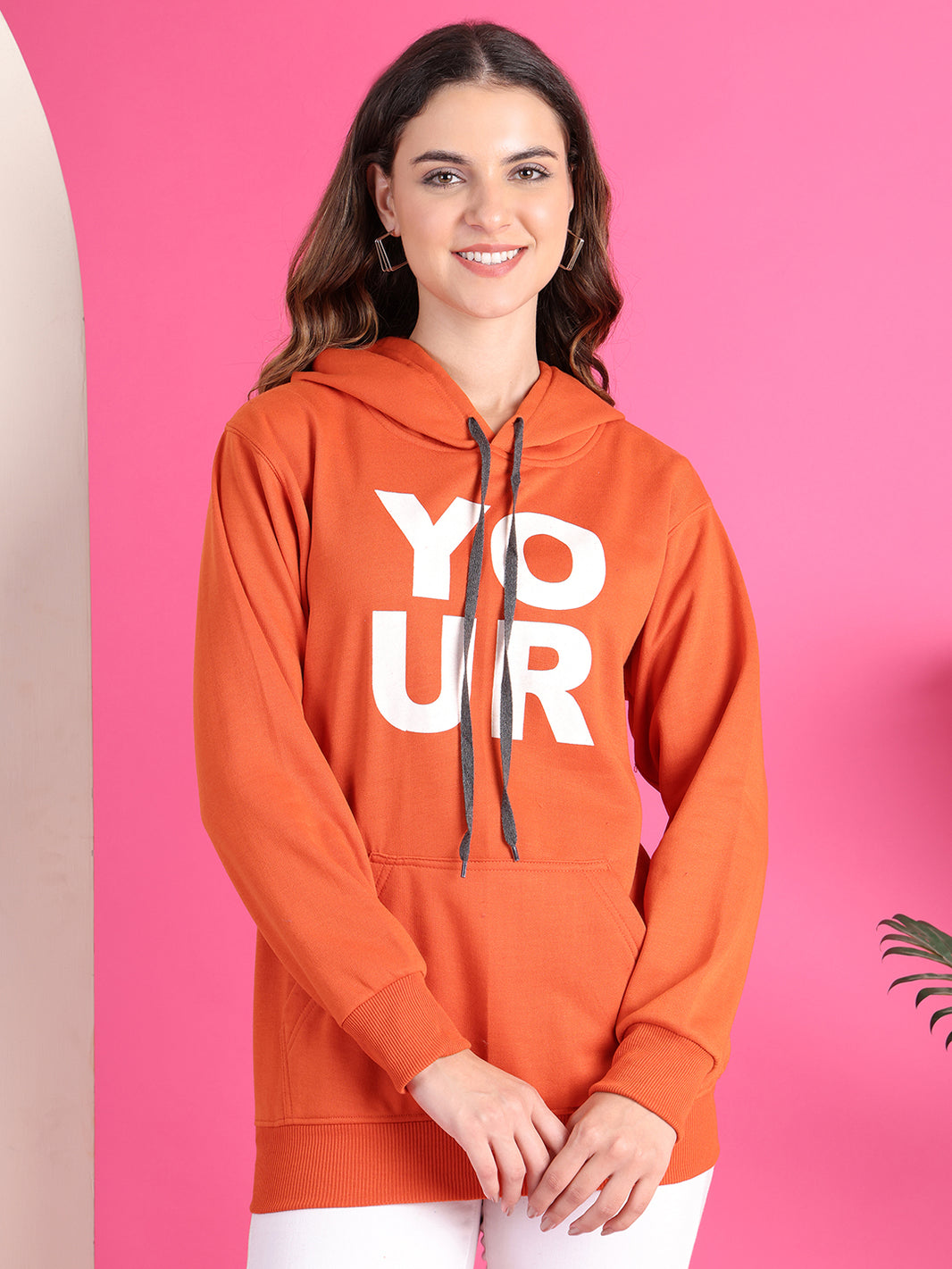 VimaL Jonney Regular Fit Orange Printed Hoodie For Women