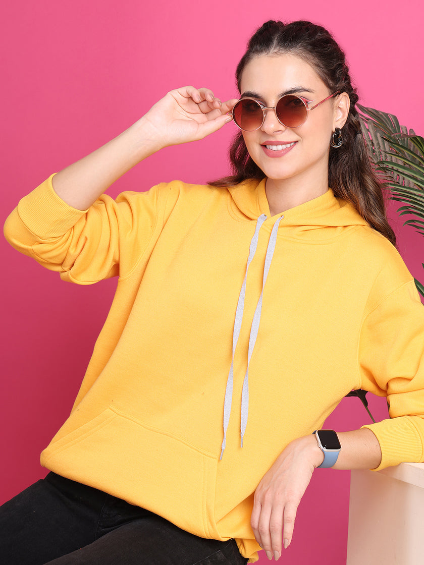 VimaL Jonney Regular Fit Yellow Solid Hoodie For Women