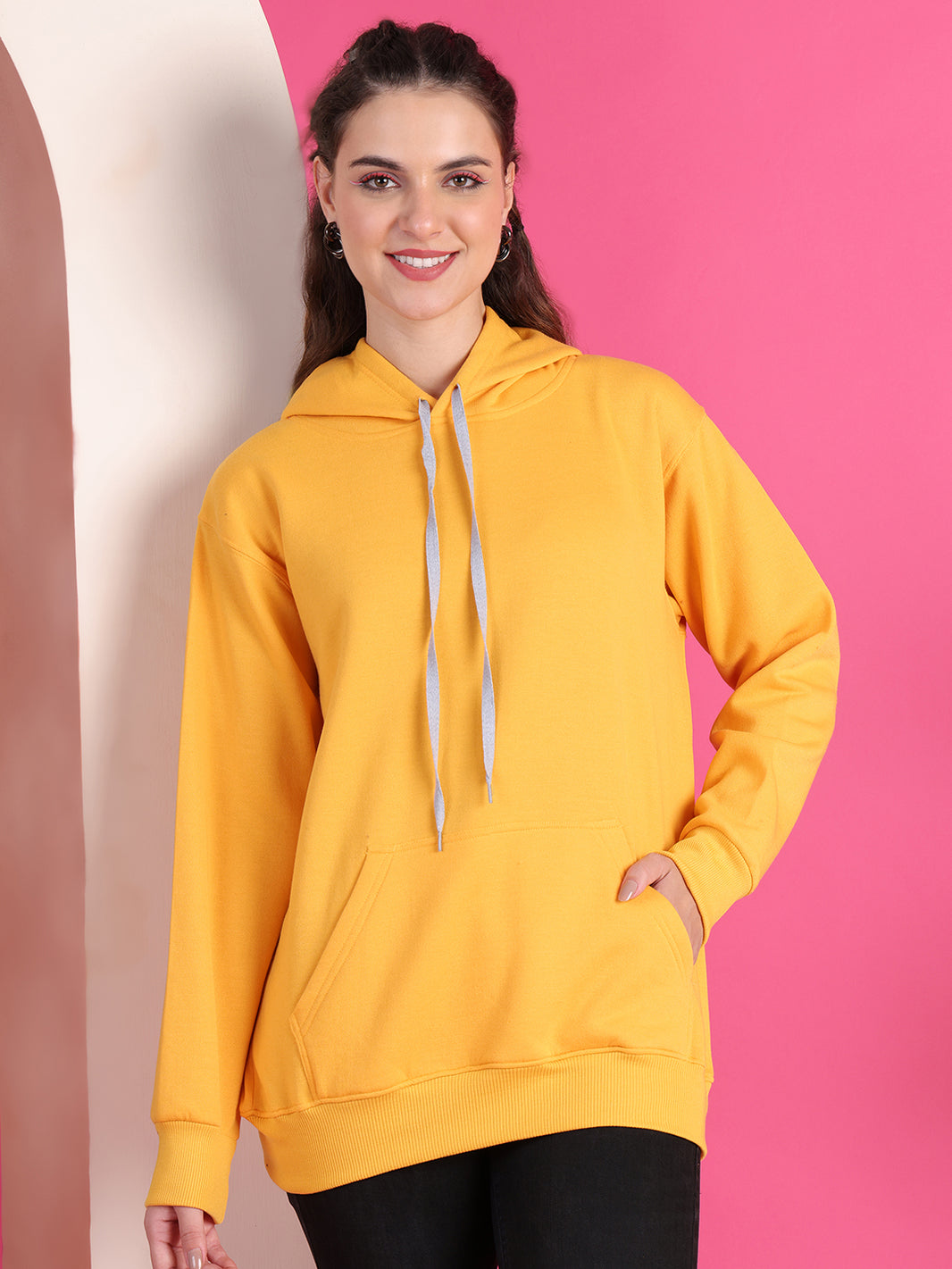 VimaL Jonney Regular Fit Yellow Solid Hoodie For Women