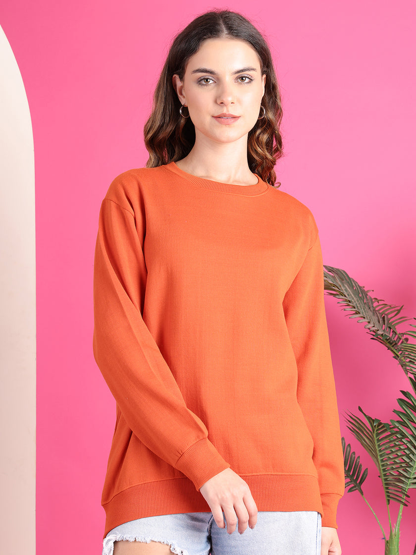 VimaL Jonney Regular Fit Orange Solid Sweatshirt For Women