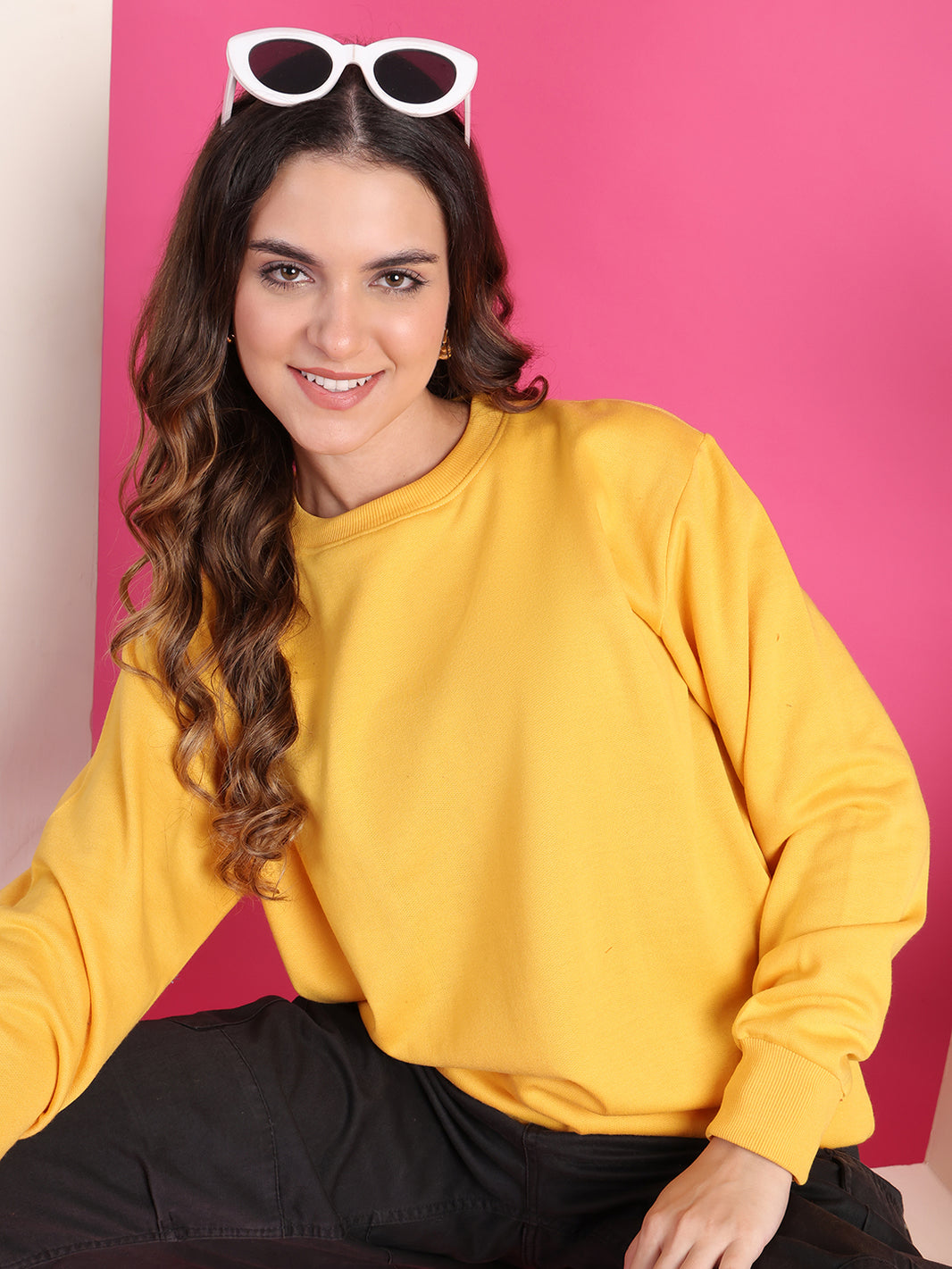 VimaL Jonney Regular Fit Yellow Solid Sweatshirt For Women