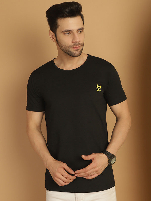 Vimal Jonney Round Neck Cotton Solid Black T-Shirt for Men